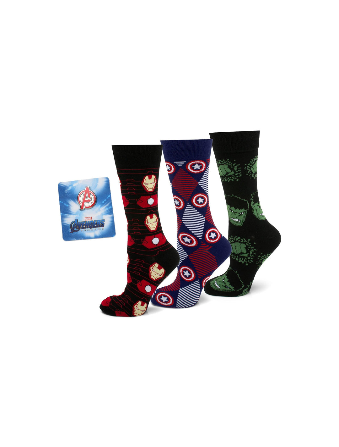 Marvel Avengers Favorites 3 Pair Socks and Lapel Pin Gift Set featuring three pairs of patterned Avengers socks with Iron Man, Captain America, and Hulk, accompanied by a superhero lapel pin.