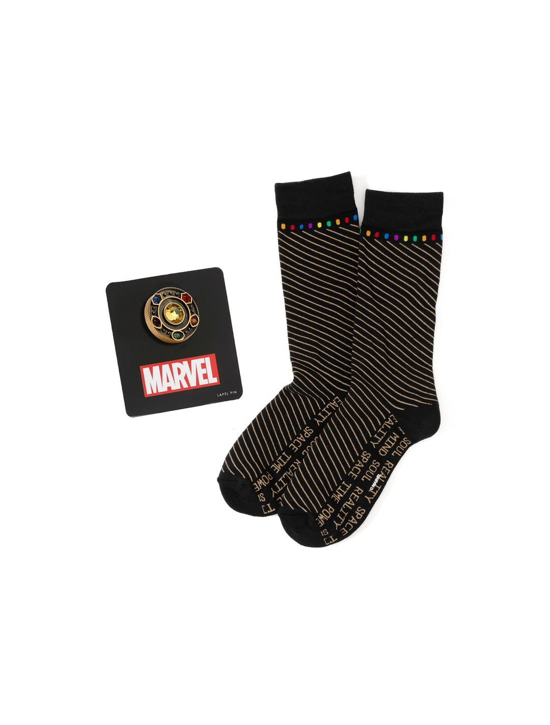 A Marvel Avengers Infinity Stone Stripe Black Gift Set featuring a gold-tone Infinity Gauntlet lapel pin on a display card and black socks with diagonal stripes.