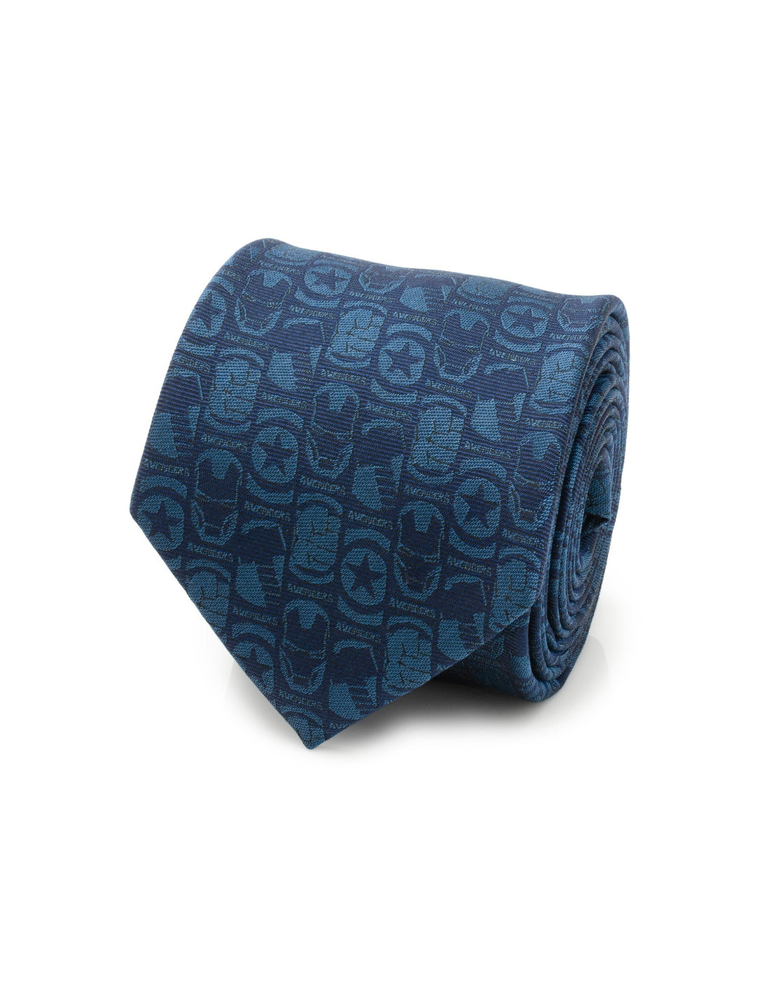 Marvel Avengers Men’s Blue Tie with an allover pattern of superhero character icons and logos.