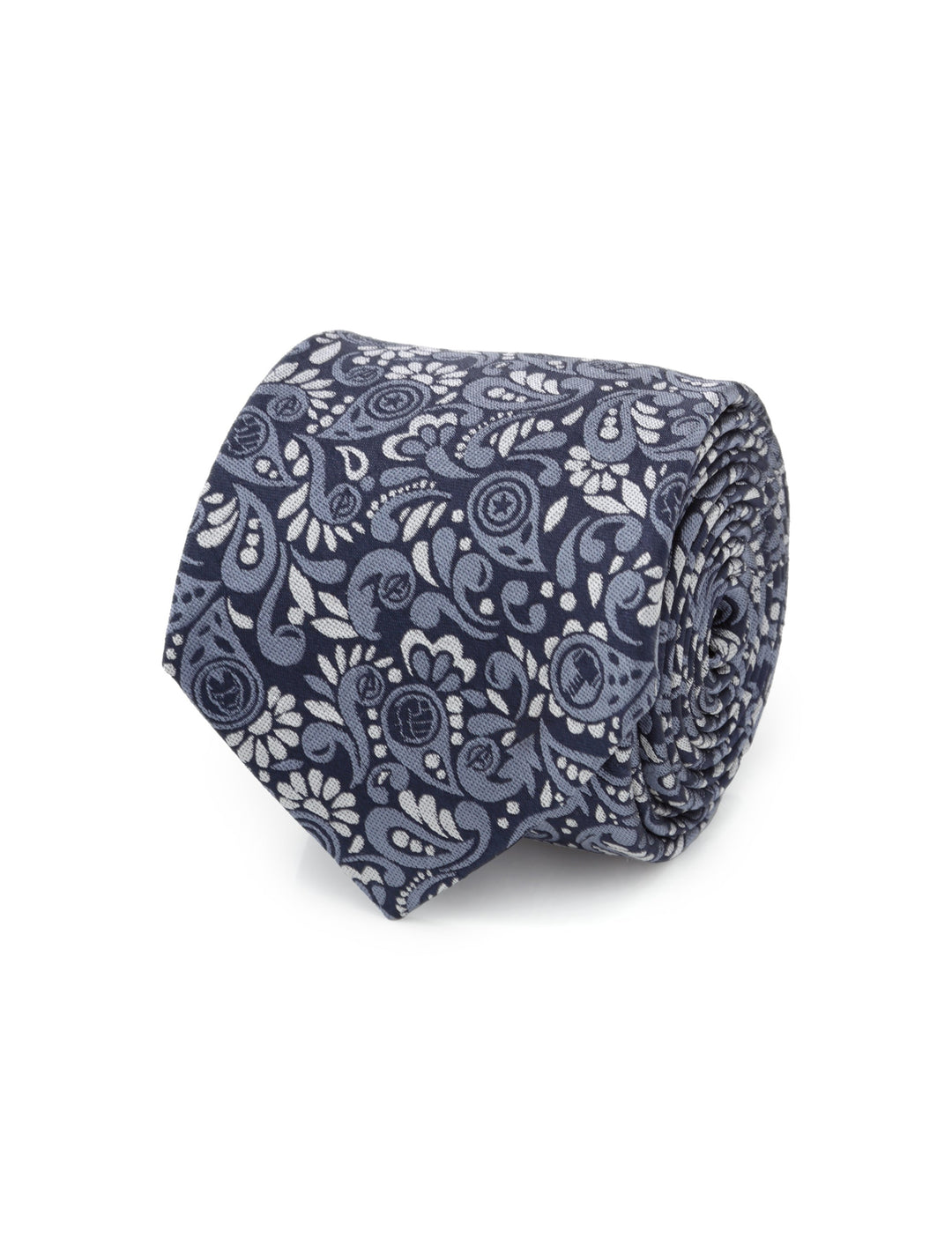 A navy blue Marvel Avengers Paisley Icons Navy Men’s Tie rolled into a coil, featuring a repeating silk paisley pattern interspersed with circular superhero logos.