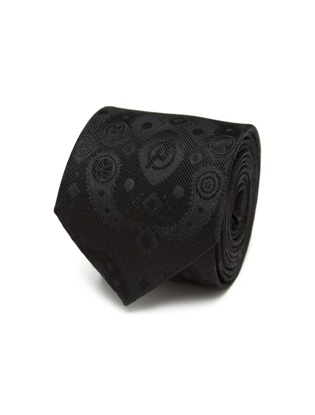 A coiled black Marvel Avengers Paisley Icons Print Black Tie featuring a tonal paisley print of superhero icons.