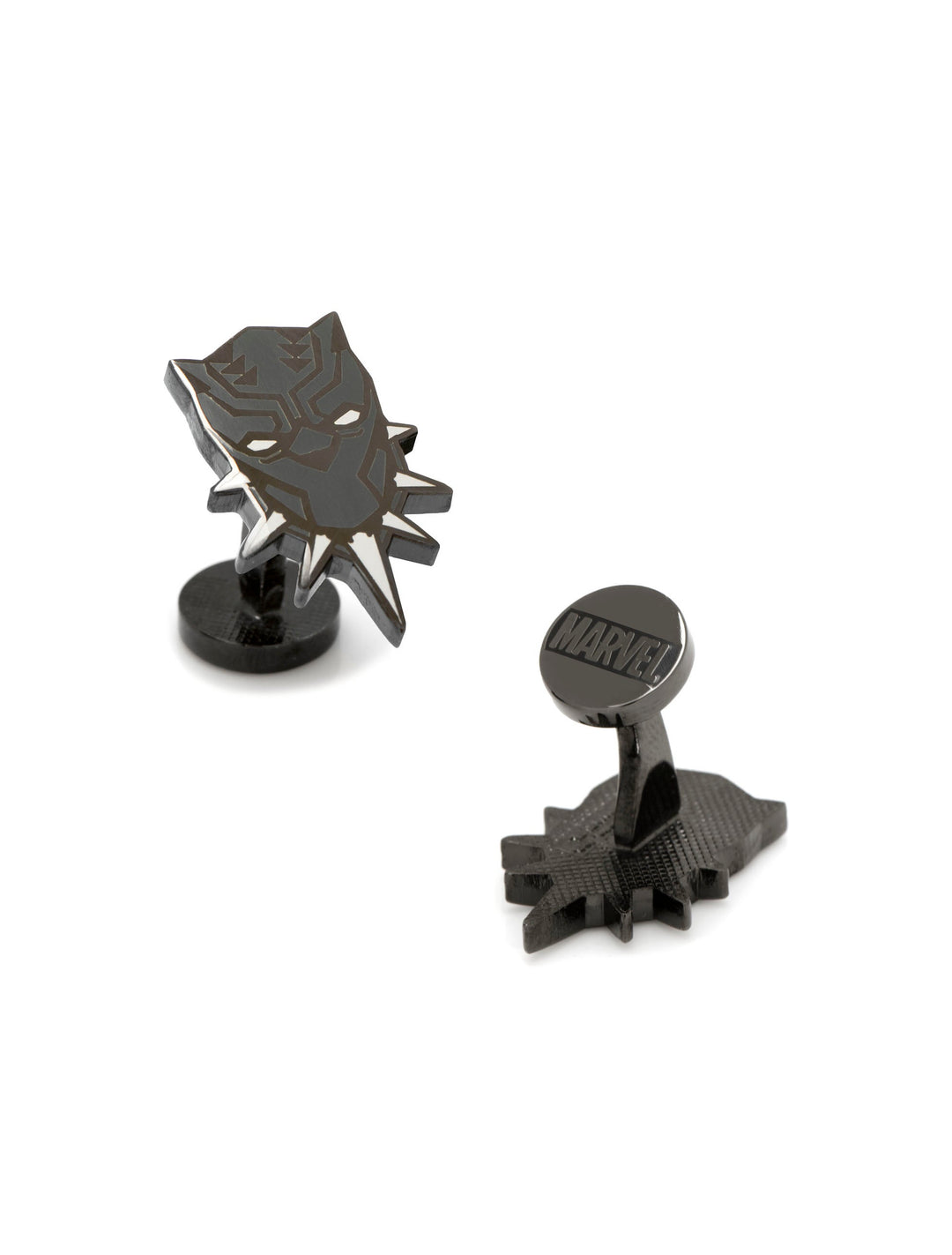 Marvel Black Panther Cufflinks: two matte black pieces, one shaped like the Black Panther mask and one round stud engraved with “MARVEL.”