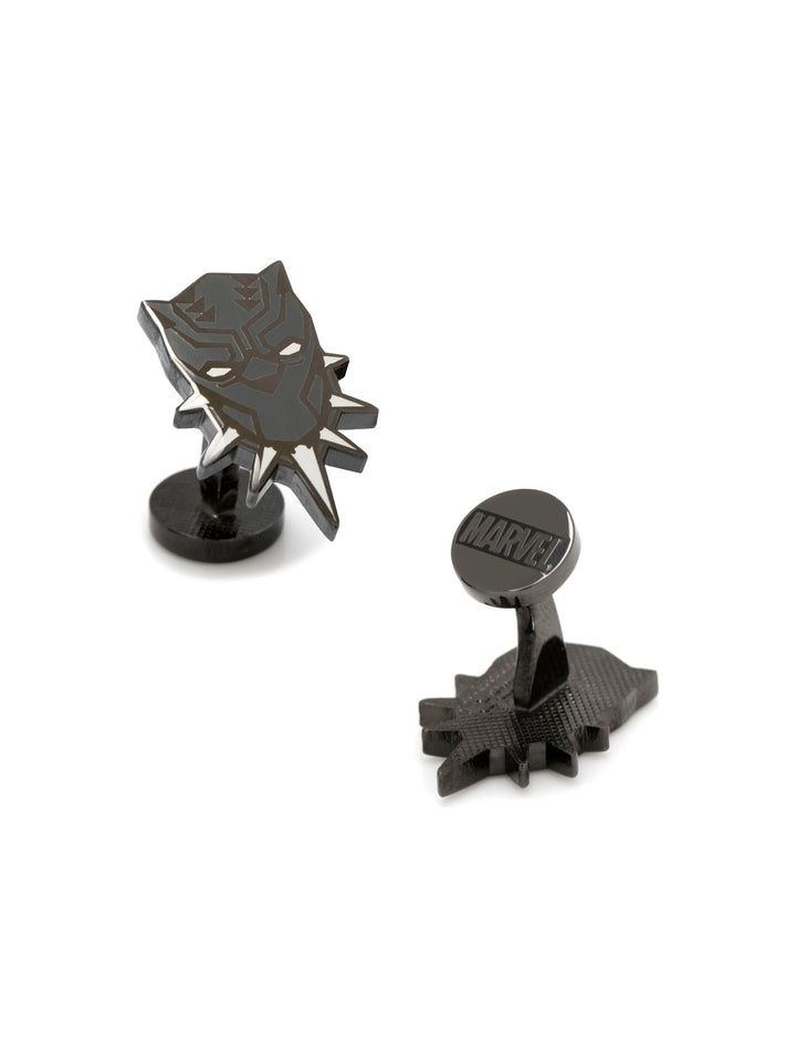 Marvel Black Panther Cufflinks: two matte black pieces, one shaped like the Black Panther mask and one round stud engraved with “MARVEL.”