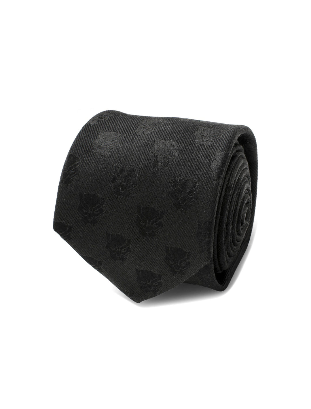 Marvel Black Panther Men’s Tie featuring a repeating tonal Black Panther mask pattern.