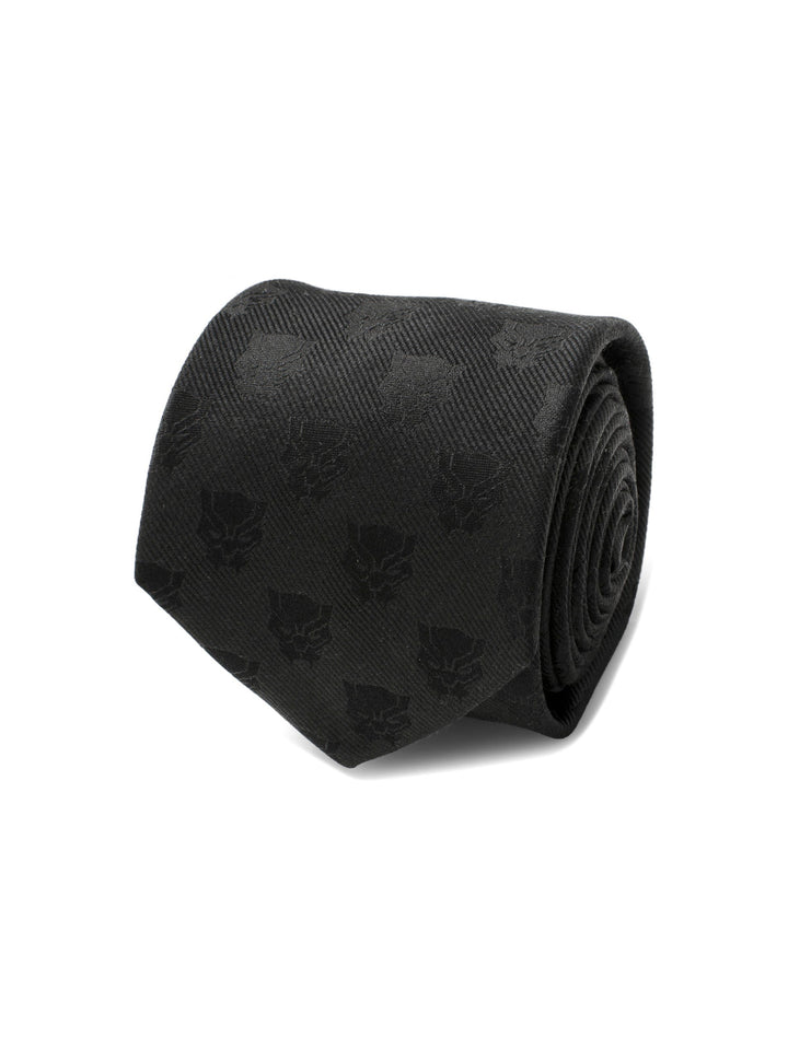 Marvel Black Panther Men’s Tie featuring a repeating tonal Black Panther mask pattern.