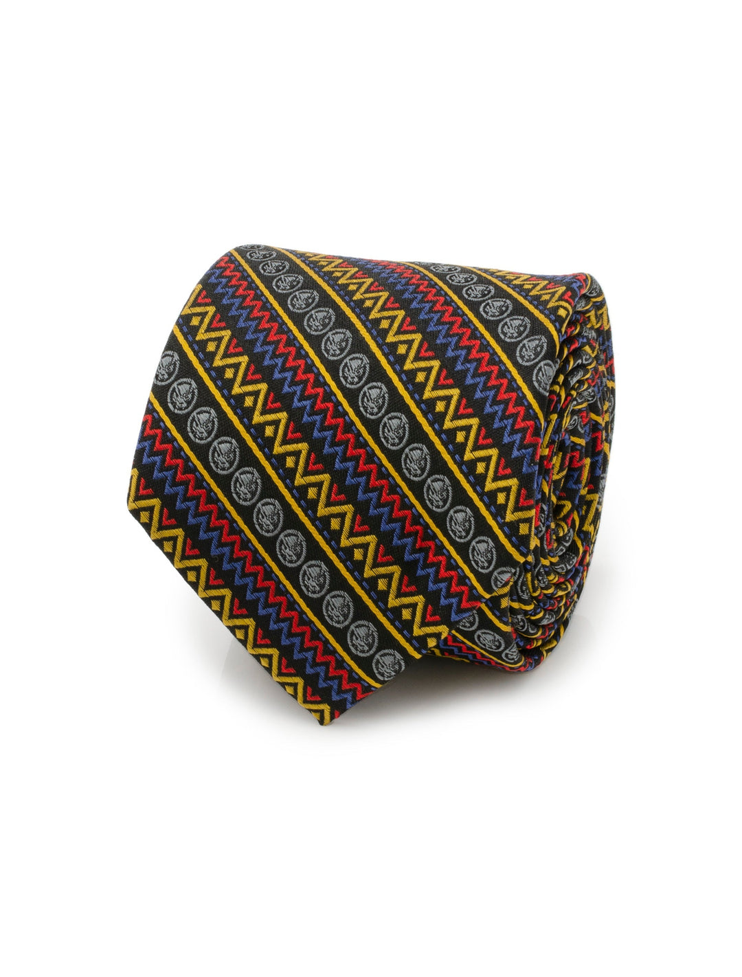 Rolled Marvel Black Panther Tribal Stripe Men’s Tie featuring repeating rows of grey panther emblems and red and yellow zigzag stripes.