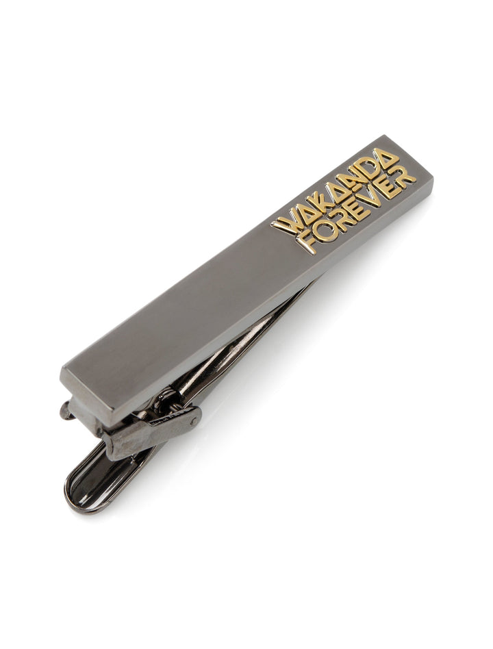 Marvel Black Panther Wakanda Forever Gunmetal Gold Tie Clip featuring “WAKANDA FOREVER” in raised gold lettering.