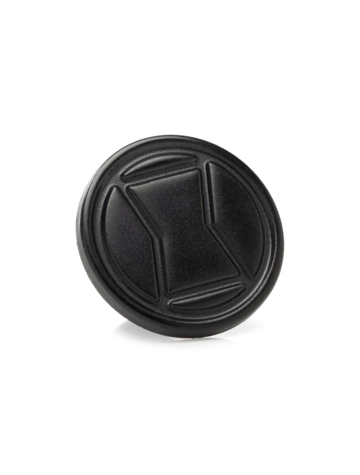 Black circular Marvel Black Widow Lapel Pin featuring an embossed hourglass logo.