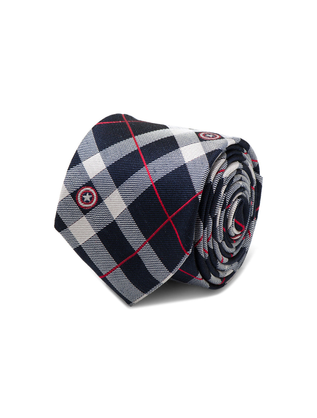 Marvel Captain America Blue Plaid Tie rolled, featuring a navy, white, and red plaid pattern with small circular shield emblems.