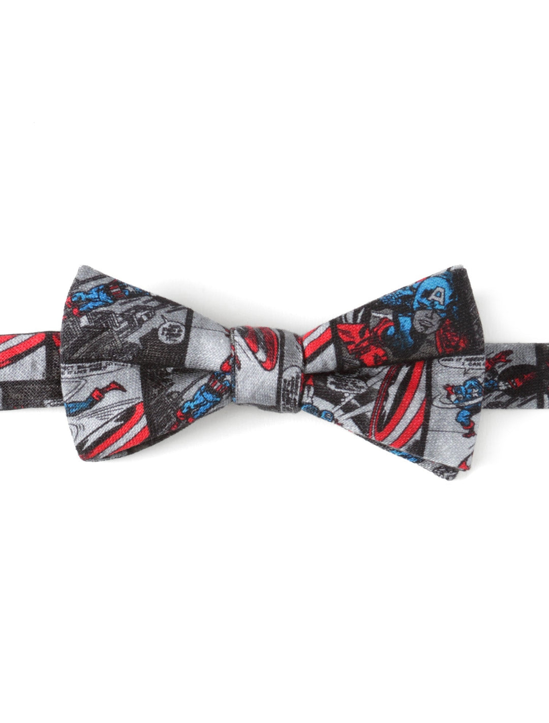 A Marvel Captain America Comic Gray Men’s Bow Tie featuring a pre-tied design with a gray-scale comic book print and character illustrations.