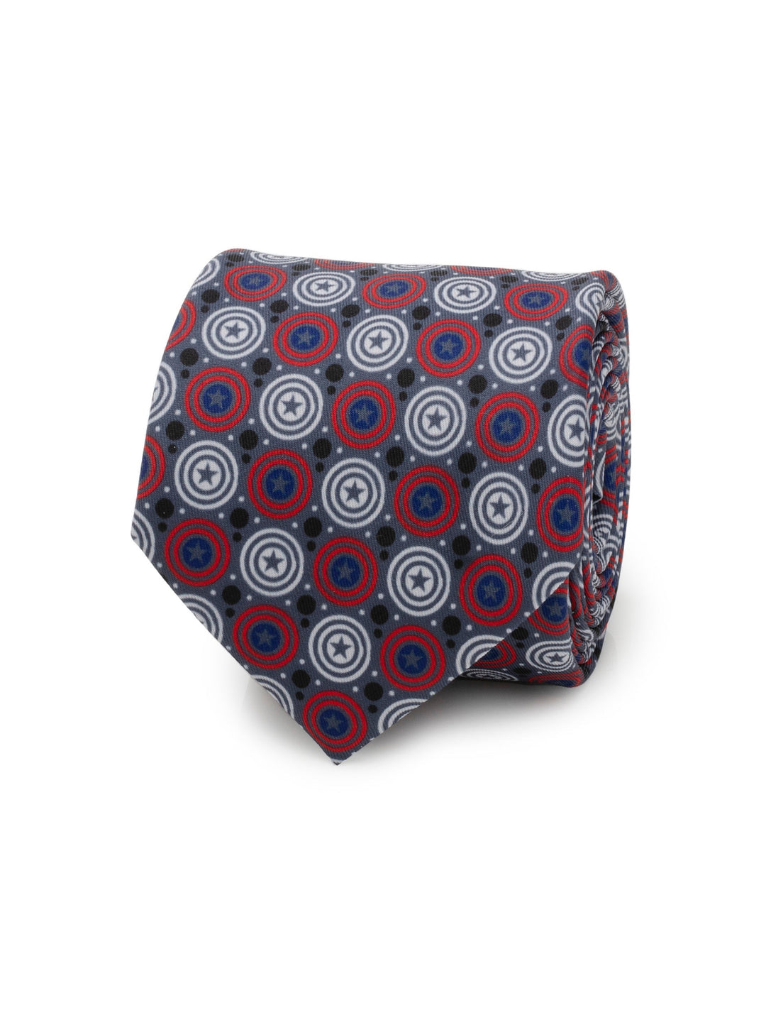 Marvel Captain America Gray Dot Men’s Tie in gray featuring a repeating pattern of red, white, and blue star-centered shields and small black dots.