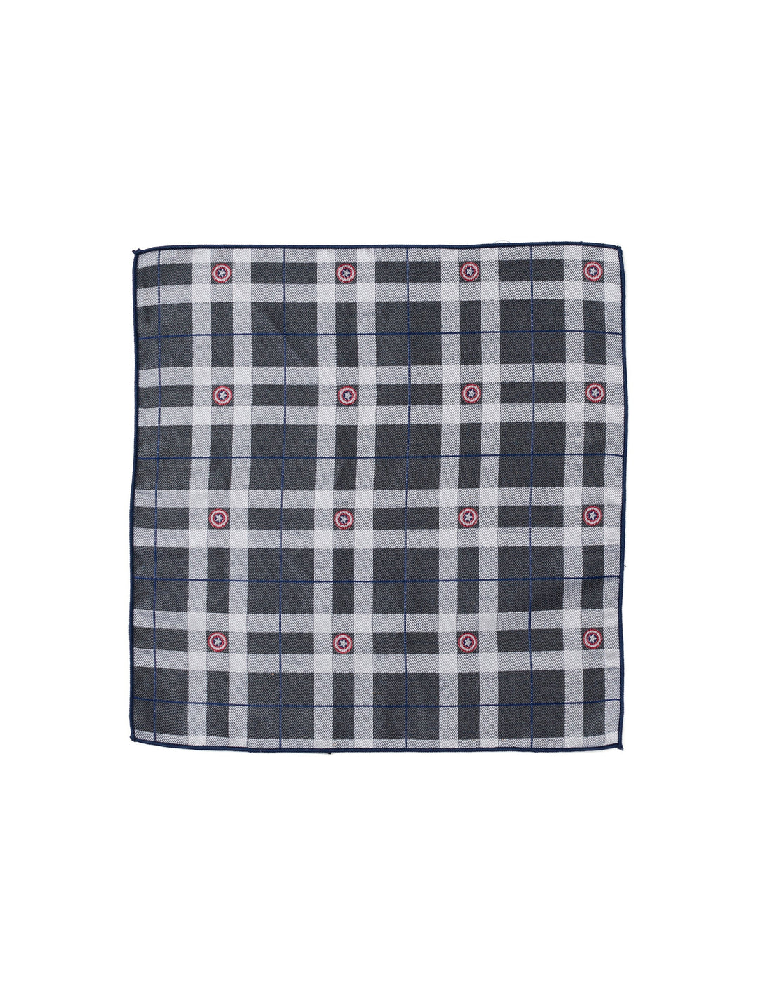 Marvel Captain America Gray Plaid Pocket Square in gray and white with small shield icons.