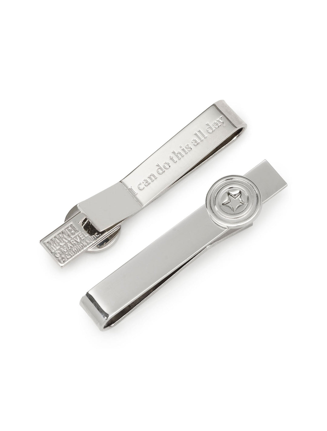 Two silver-tone metal Marvel Captain America Hidden Message Tie Bar clips: one featuring a star emblem and the other engraved with the phrase “I can do this all day.”