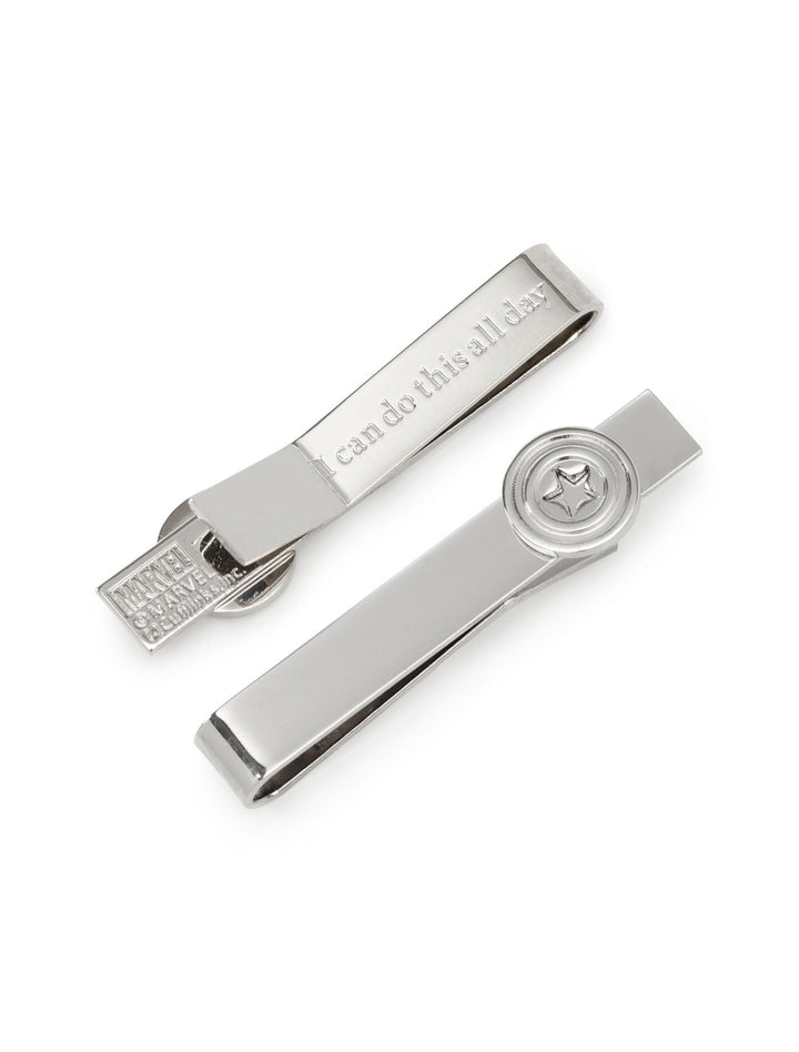 Two silver-tone metal Marvel Captain America Hidden Message Tie Bar clips: one featuring a star emblem and the other engraved with the phrase “I can do this all day.”
