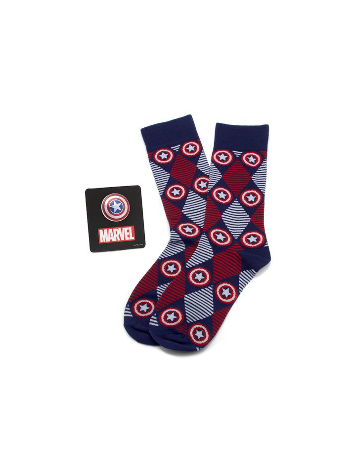 Marvel Captain America Navy Argyle Stripe Gift Set navy blue socks with a red and white argyle pattern featuring shield icons, displayed next to a black card with the Marvel logo.