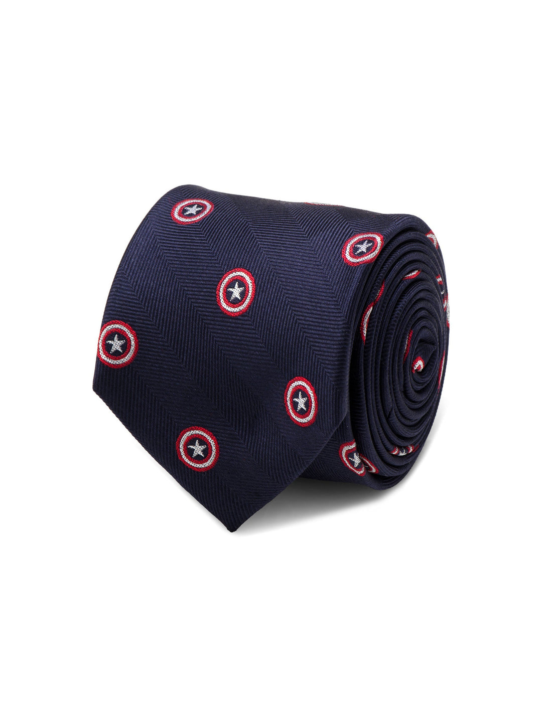 Navy blue Marvel Captain America Navy Tie with a repeating pattern of red, white, and blue shield emblems.