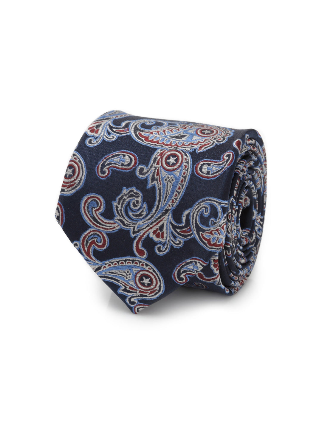 Rolled-up navy Marvel Captain America Paisley Men’s Tie featuring a paisley pattern with small red, white, and blue circular shield motifs.