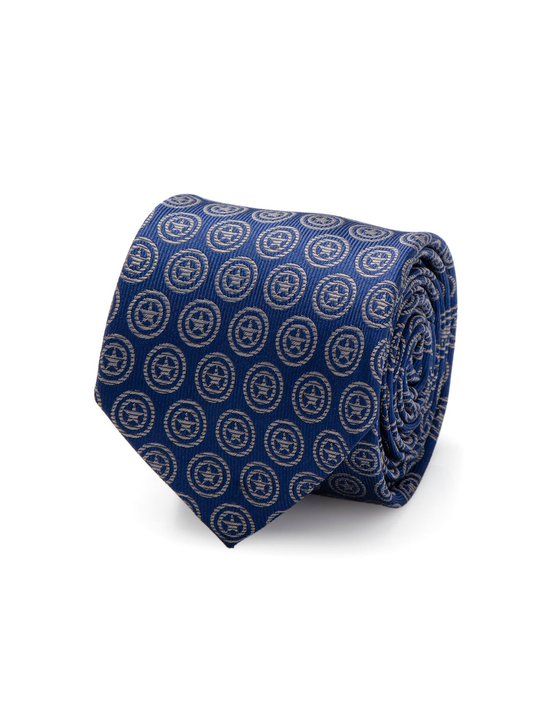 A rolled-up Marvel Captain America Shield Blue Men’s Tie in blue silk featuring a repeating pattern of tan circular shield icons with a centered star.