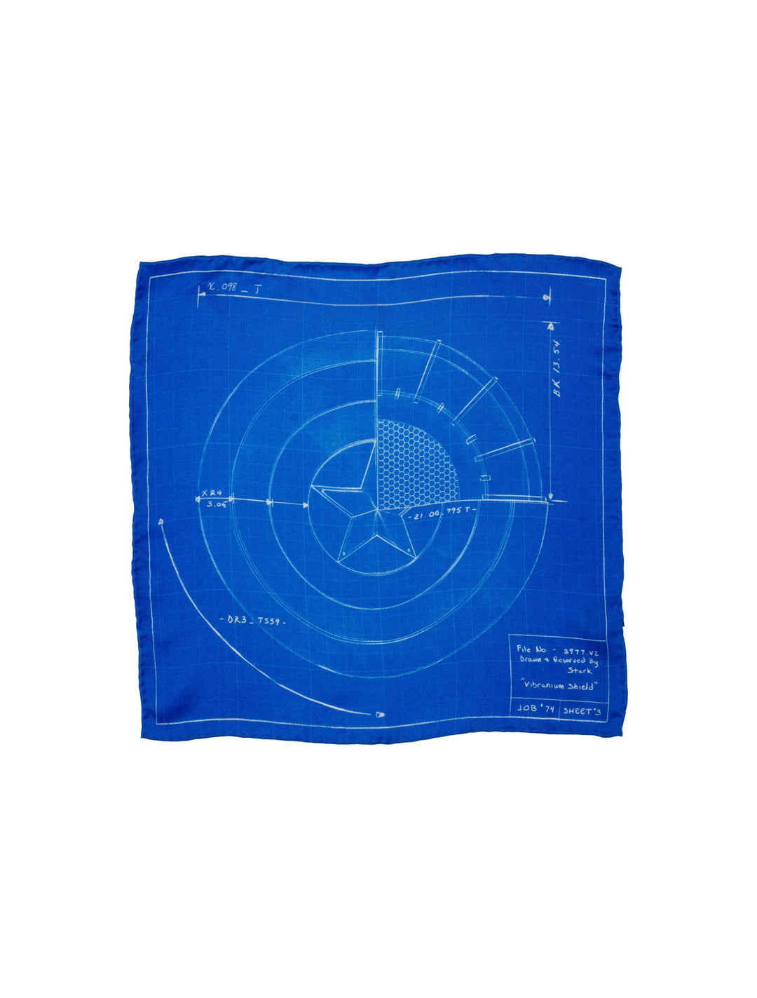 Marvel Captain America Shield Blueprint Pocket Square in blue, featuring a white line drawing of the shield with a central star and technical annotations.