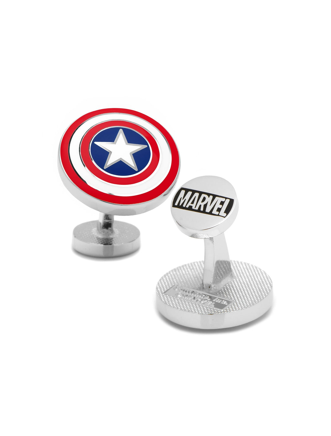 A pair of Marvel Captain America Shield Cufflinks, one featuring a red, white, and blue shield emblem and the other engraved with the word “MARVEL”.