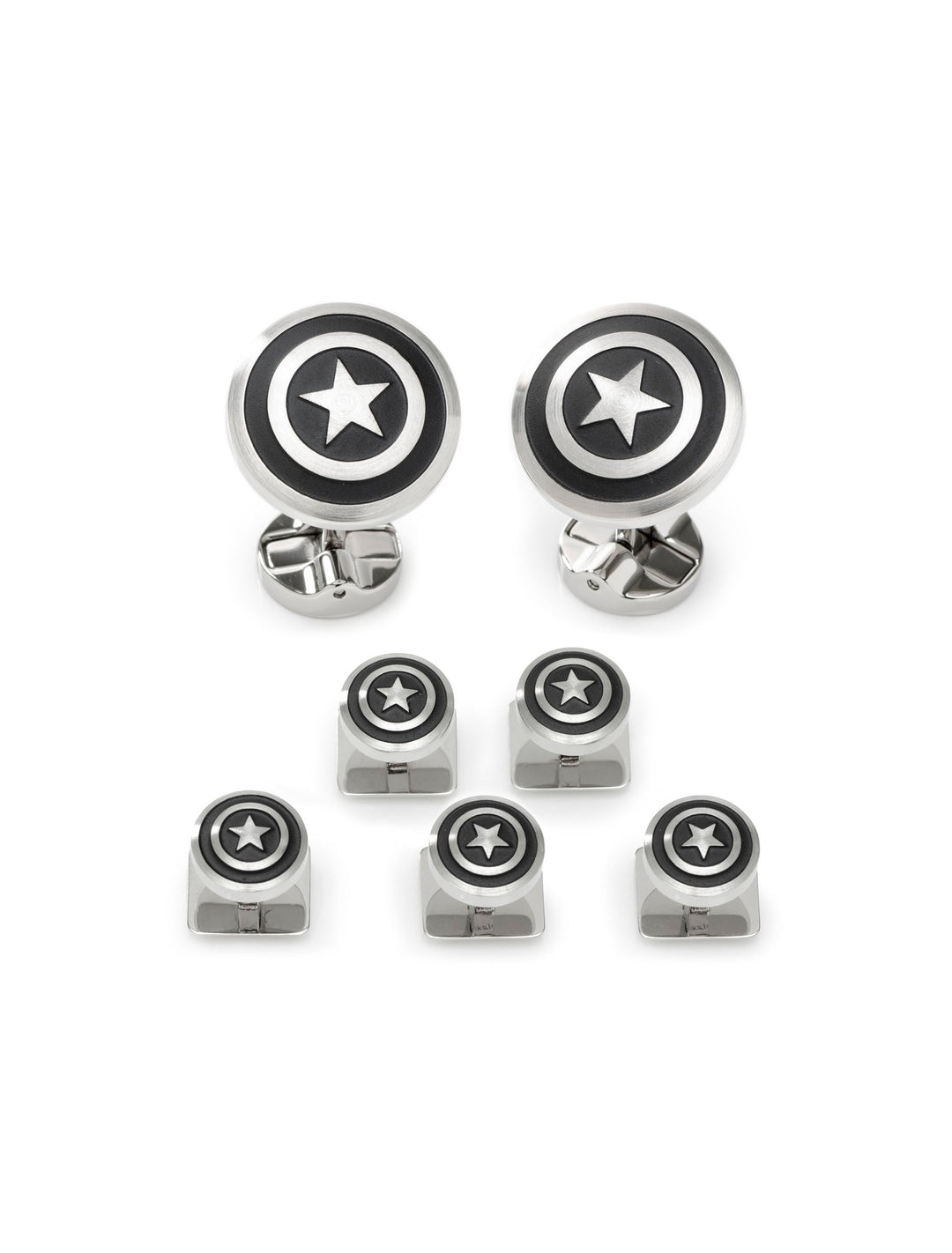 Marvel Captain America Shield Stainless Steel 5-Stud Set consisting of seven stainless steel shirt studs and cufflinks, each featuring a Captain America shield design with a black background and silver star.