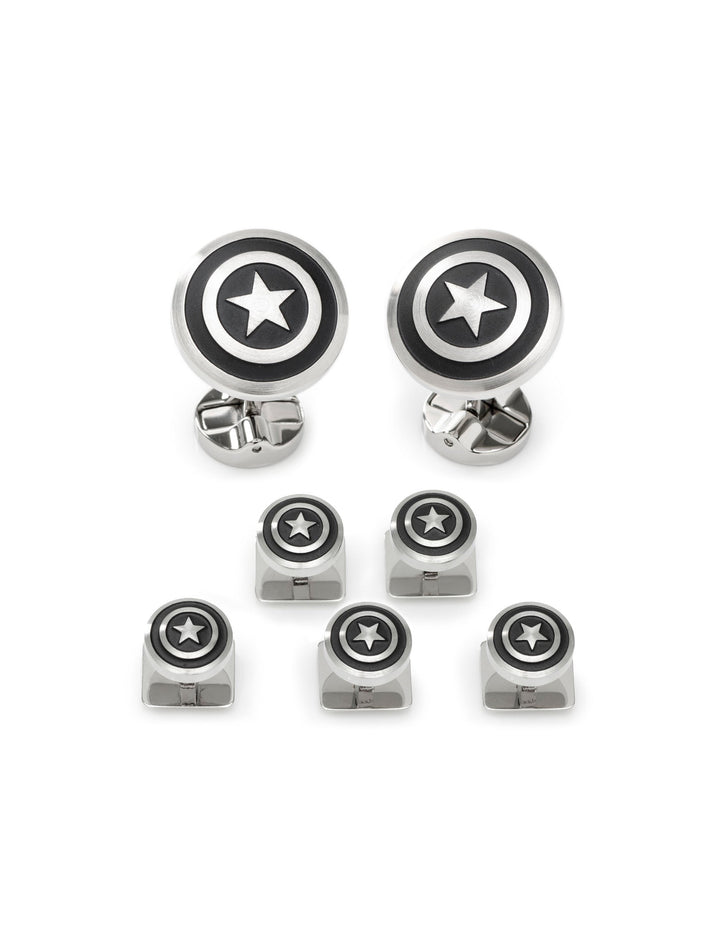 Marvel Captain America Shield Stainless Steel 5-Stud Set consisting of seven stainless steel shirt studs and cufflinks, each featuring a Captain America shield design with a black background and silver star.