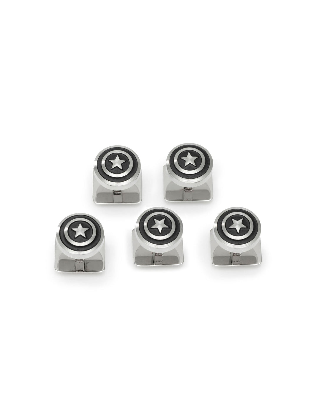 Five silver-toned Marvel Captain America Shield Stainless Steel 5-Studs earrings, each featuring a circular design with a central star.