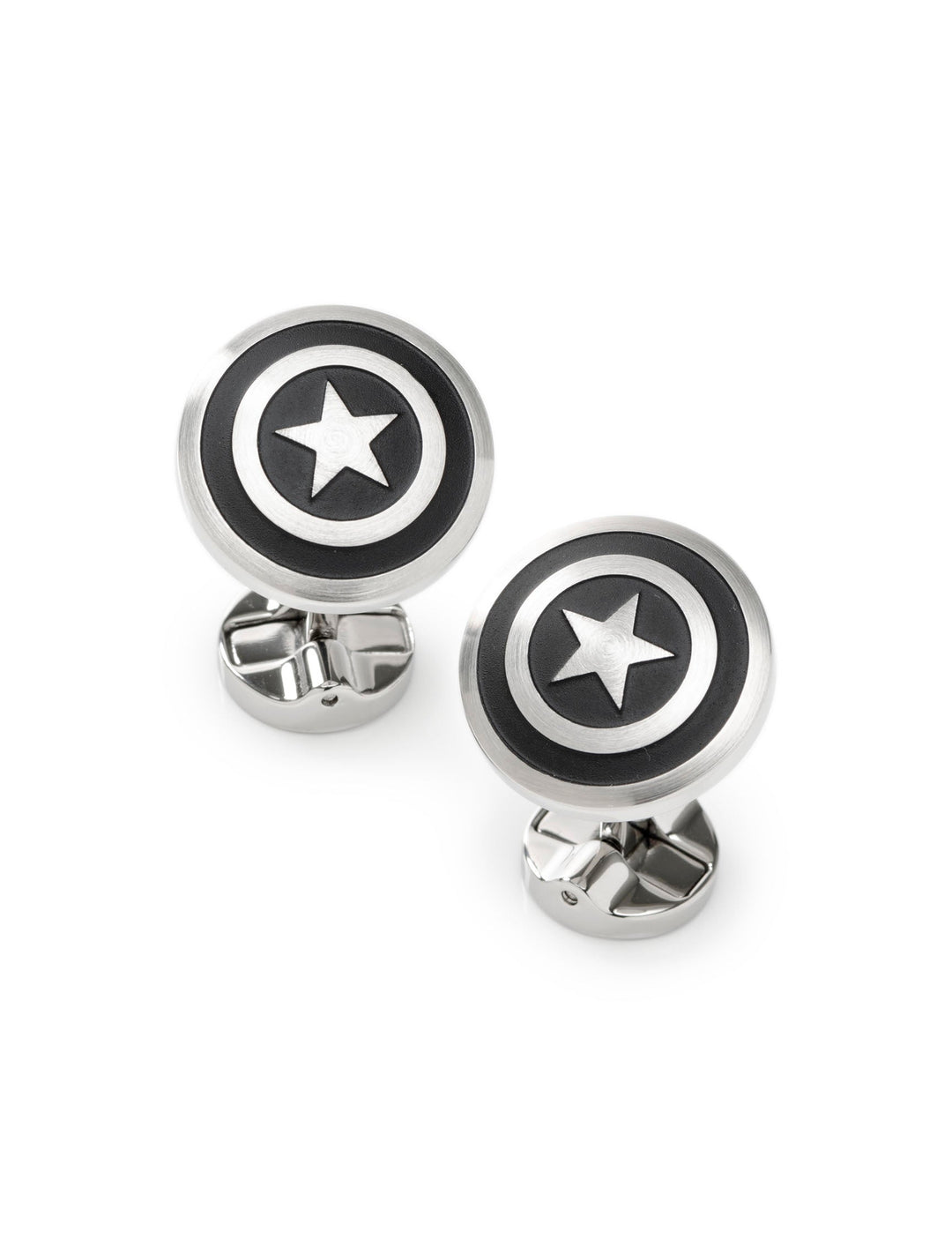 Marvel Captain America Shield Stainless Steel Cufflinks featuring a round, black circular shield design with a star in the center.