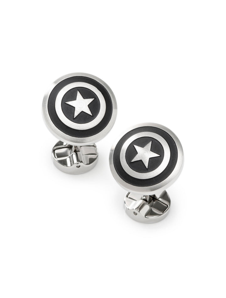 Marvel Captain America Shield Stainless Steel Cufflinks featuring a round, black circular shield design with a star in the center.