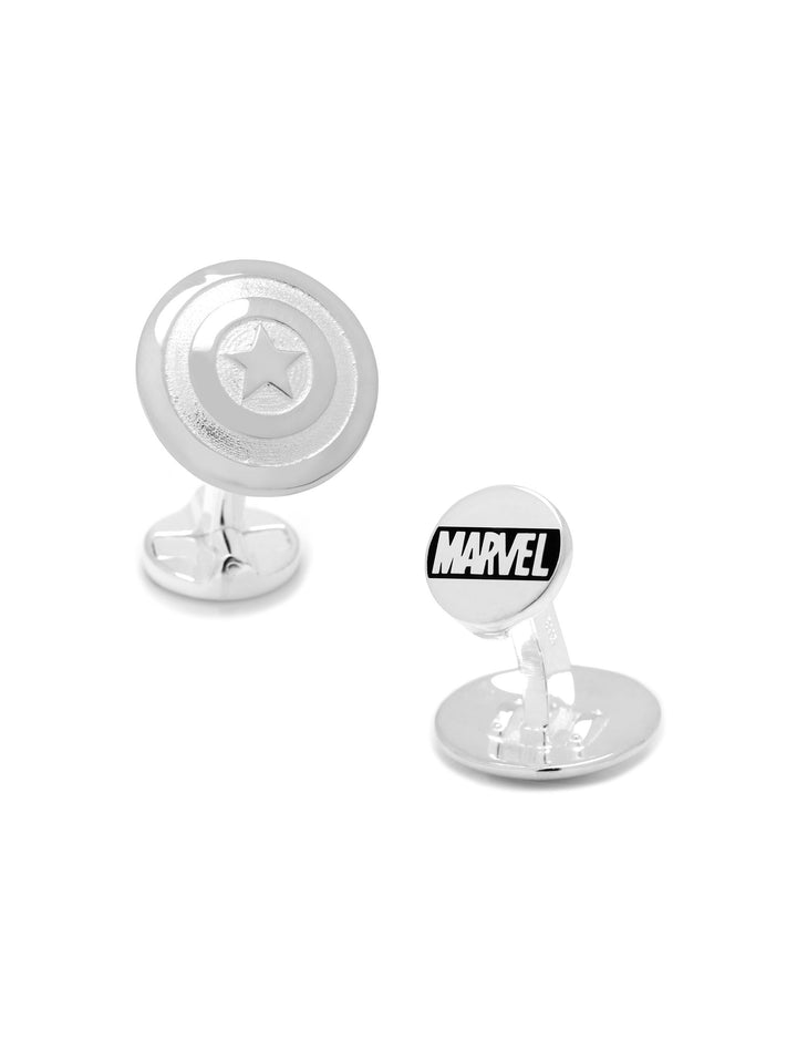 Marvel Captain America Shield Sterling Silver 3D Cufflinks featuring a star-shaped shield design and the Marvel logo.