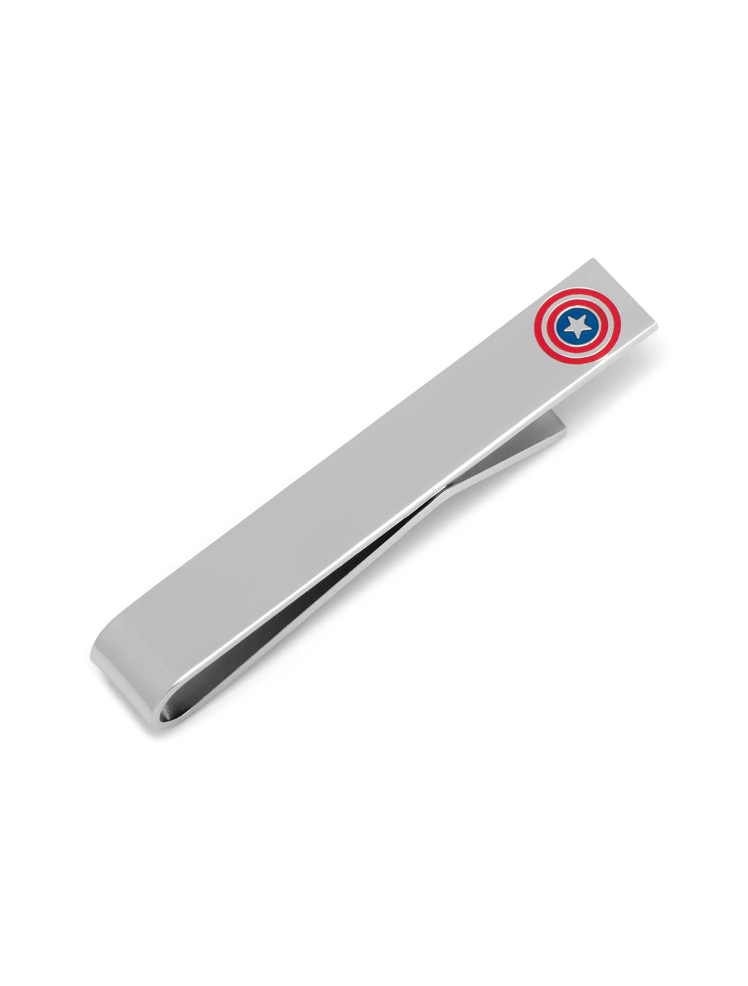 Marvel Captain America Shield Tie Bar in silver-tone metal featuring a red, white, and blue shield star emblem on one end.