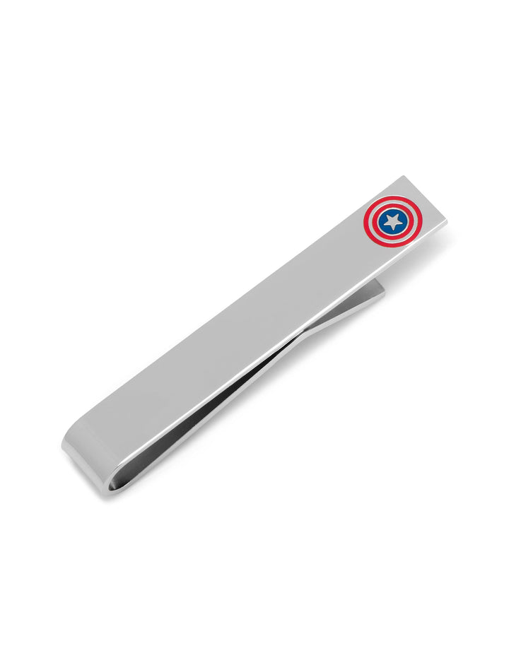 Marvel Captain America Shield Tie Bar in silver-tone metal featuring a red, white, and blue shield star emblem on one end.