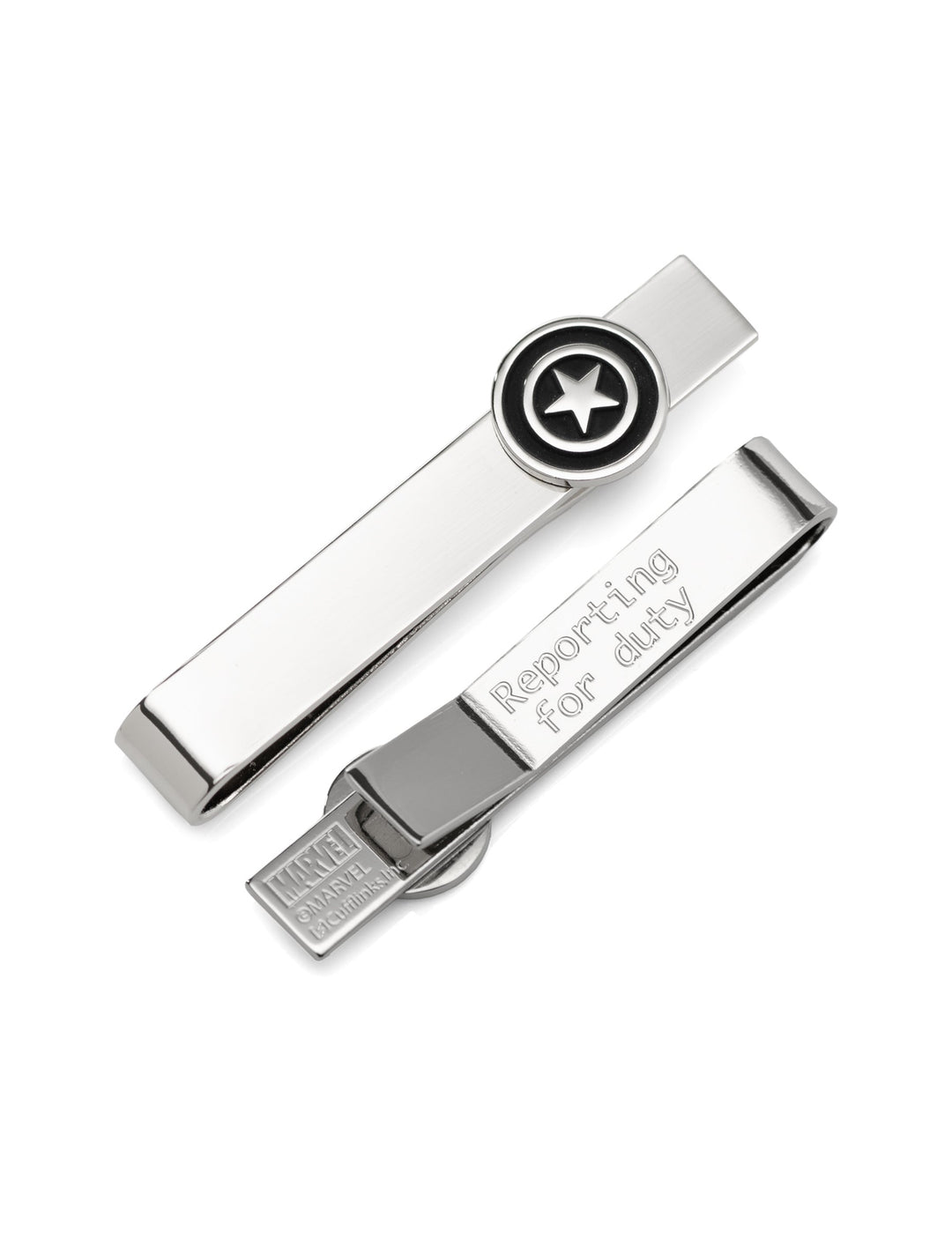Two silver Marvel Captain America Silver Hidden Message Tie Bars, one with a circular shield emblem and the other engraved with “Reporting for duty.”