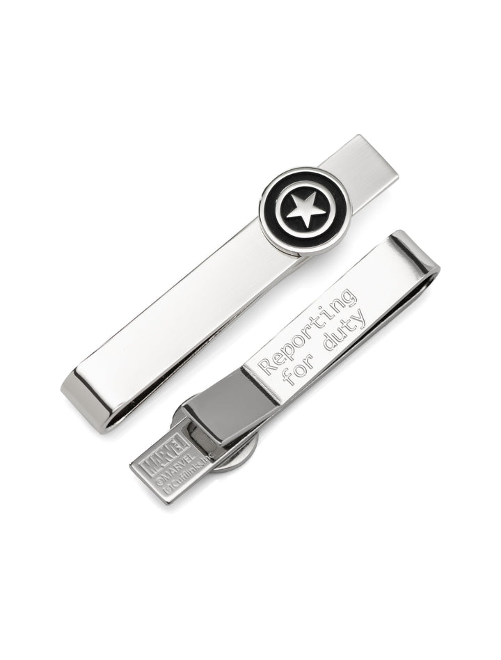 Two silver Marvel Captain America Silver Hidden Message Tie Bars, one with a circular shield emblem and the other engraved with “Reporting for duty.”