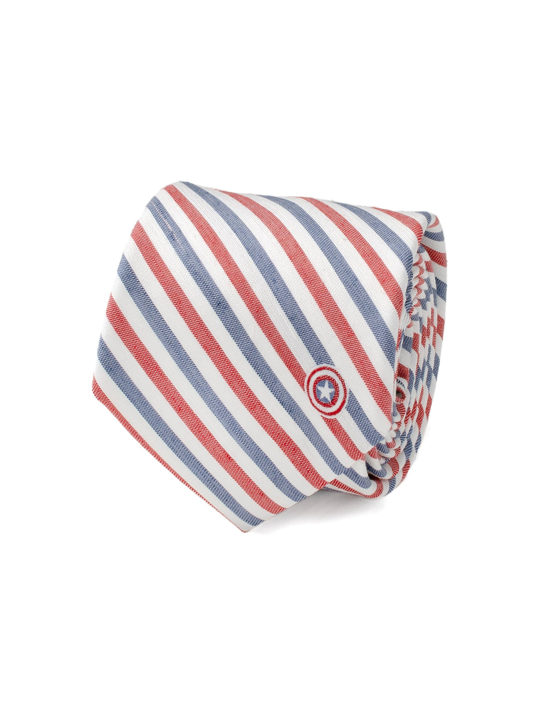 Marvel Captain America Striped White Men’s Tie featuring red and blue diagonal stripes and a small circular shield emblem.