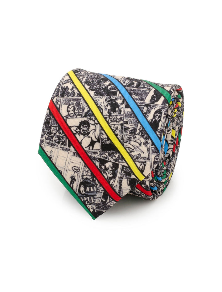 A Marvel Comic Stripe Tan Men’s Tie coiled to show black-and-white comic panels and diagonal stripes in red, yellow, blue, and green.