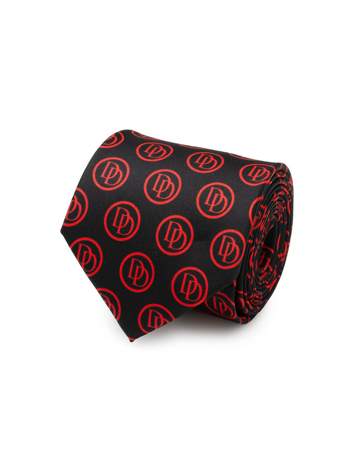 A Marvel Daredevil Men’s Black Tie featuring a repeating pattern of red double-D logos inside circles.