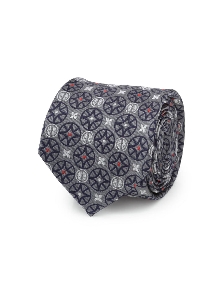Marvel Deadpool Gray Men’s Tie, shown rolled up, featuring a repeating pattern of dark circular icons with small red dots and light gray accents.