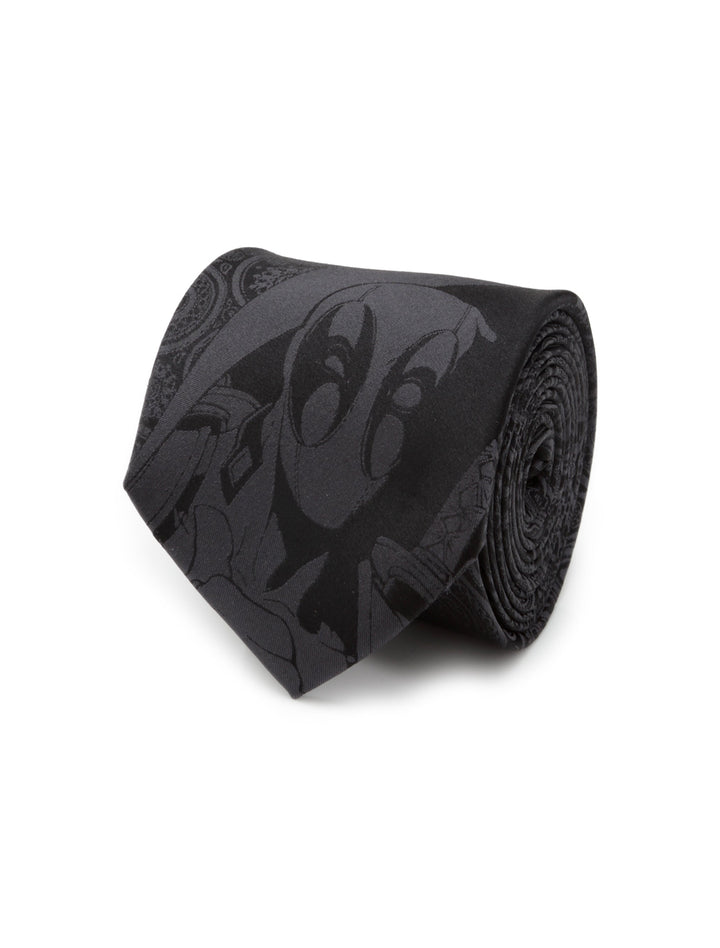 Marvel Deadpool Hidden Paisley Black Silk Men’s Tie in black silk featuring a tonal paisley pattern with an integrated Deadpool mask design.