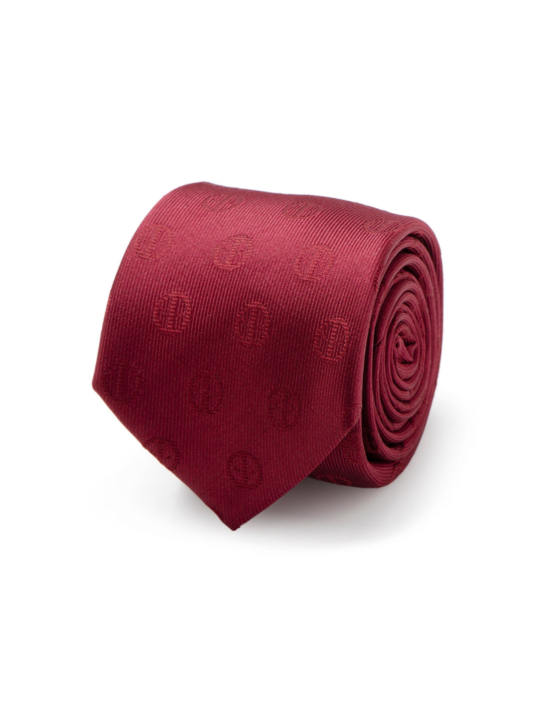 A Marvel Deadpool Maroon Men’s Tie rolled up, featuring a repeating circular Deadpool logo pattern.