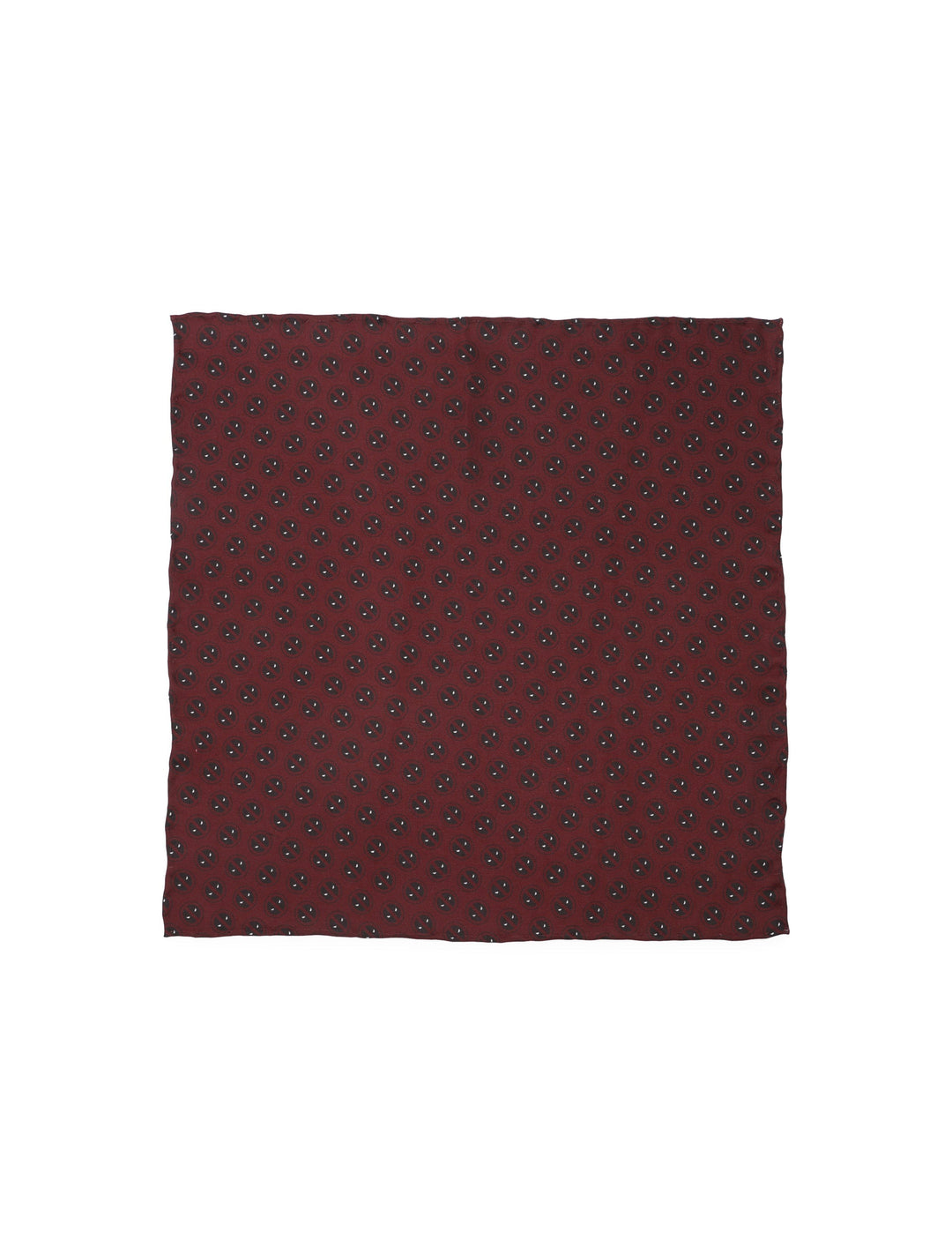 A square, dark red Marvel Deadpool Red Mask Silk Pocket Square featuring a repeating pattern of small black and white superhero mask icons.