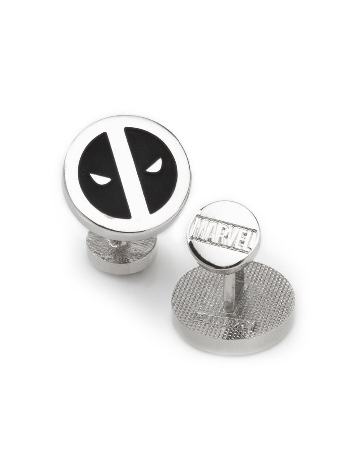 Marvel Deadpool Silver Mask Cufflinks: one featuring a silver mask emblem and one with the Marvel logo engraved on the face.