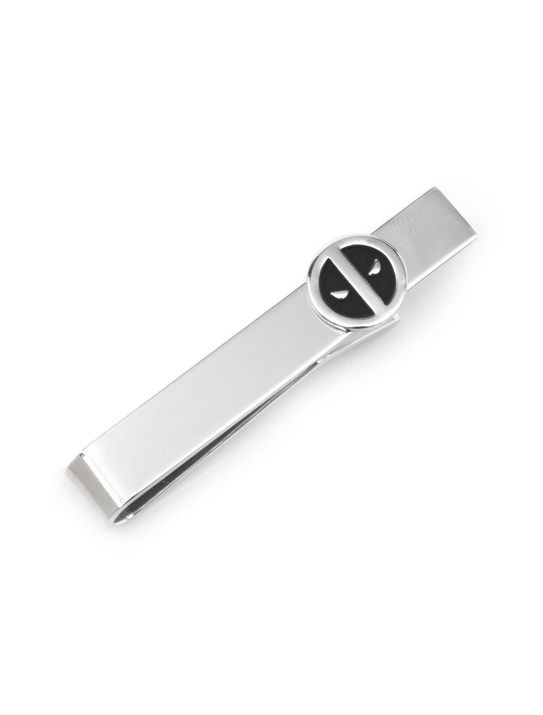 Marvel Deadpool Silver Mask Tie Bar, a silver-tone metal tie bar featuring a circular icon with a black, stylized Deadpool mask design.