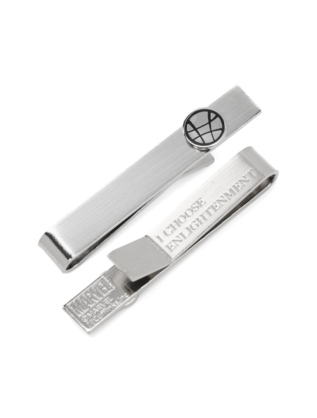 Two silver-tone Marvel Doctor Strange Hidden Message Tie Bar clips, one featuring a circular icon and the other engraved with the message, “I CHOOSE ENLIGHTENMENT.”