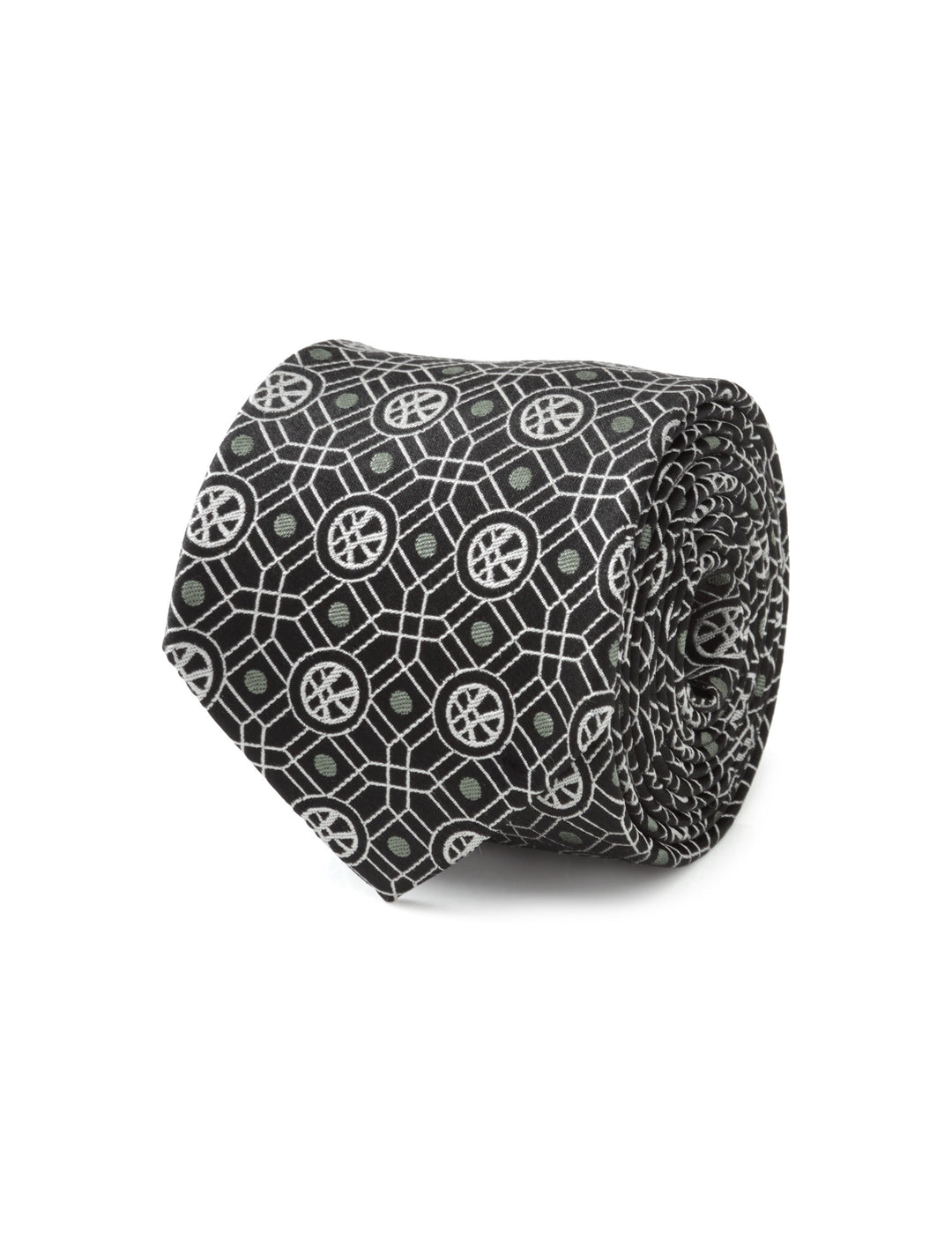 Marvel Doctor Strange Men’s Black Tie rolled into a coil with a white and gray geometric pattern featuring circular seal icons.
