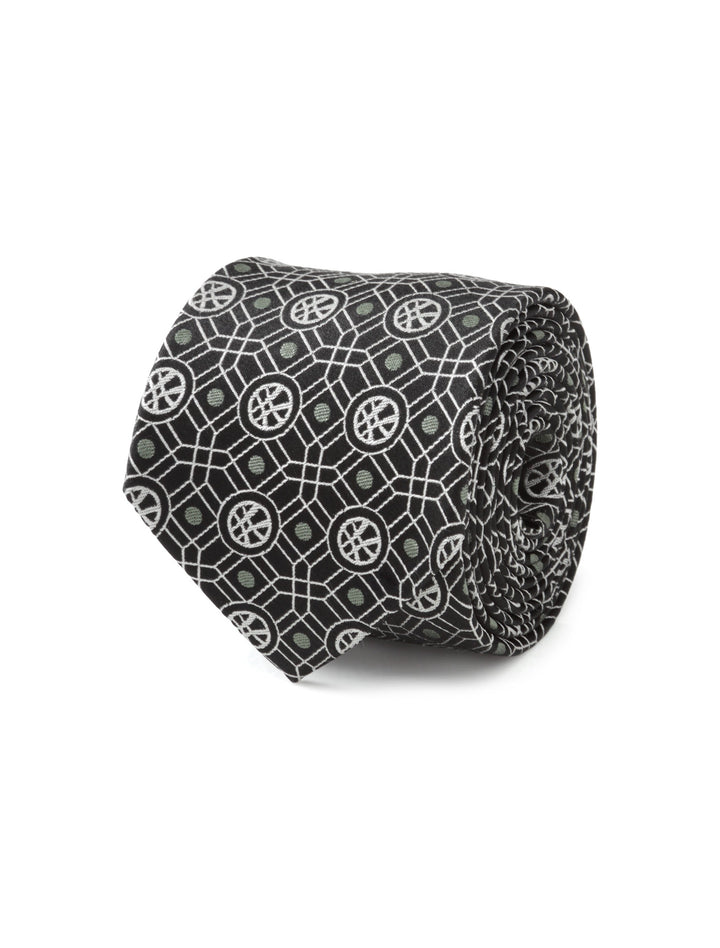 Marvel Doctor Strange Men’s Black Tie rolled into a coil with a white and gray geometric pattern featuring circular seal icons.