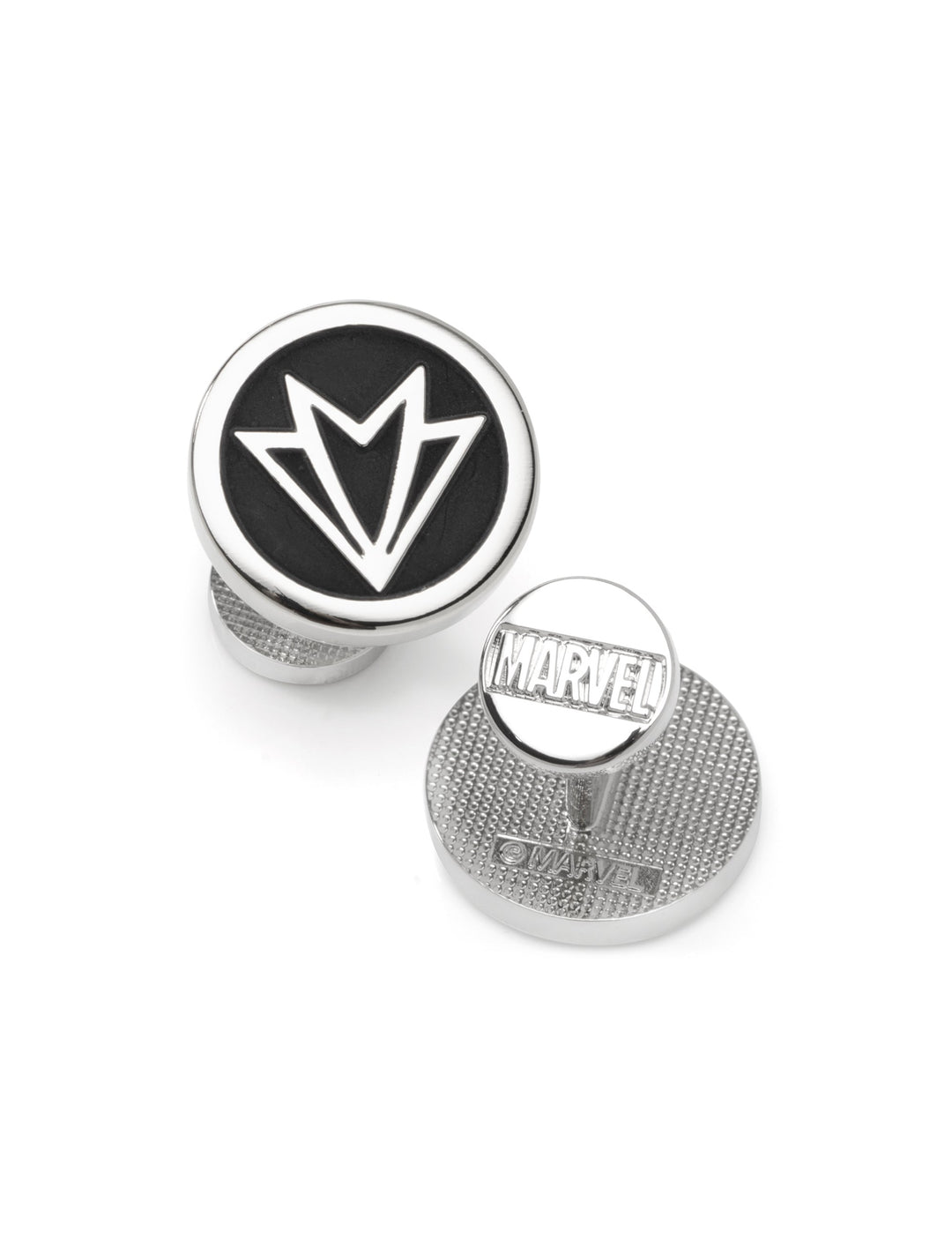Marvel Falcon Cufflinks featuring two silver-tone circular pieces: one with a stylized white wing emblem on a black background, the other engraved with the word “MARVEL.”