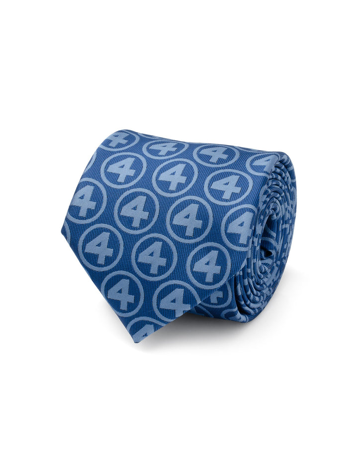 Marvel Fantastic Four Men’s Blue Tie patterned with light blue encircled number four logos.