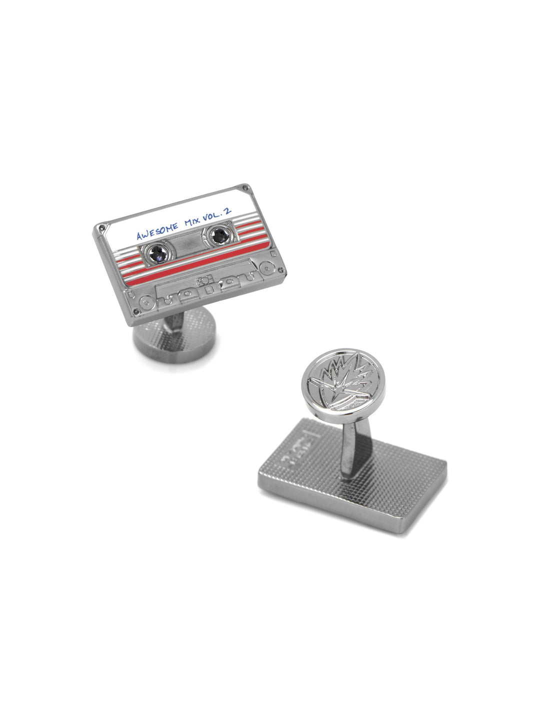 Marvel Guardians of the Galaxy Awesome Mix Tape No. 2 Cufflinks in silver, one shaped like a cassette tape and the other featuring a circular emblem.