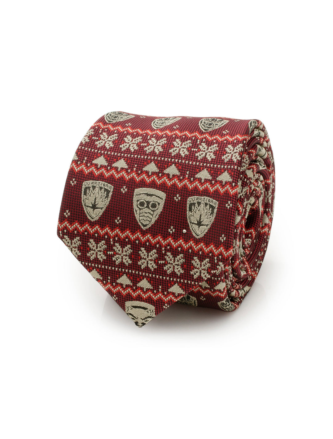 Marvel Guardians of the Galaxy Fair Isle Red Men’s Tie featuring a repeating white and tan pattern of space helmets and star motifs.